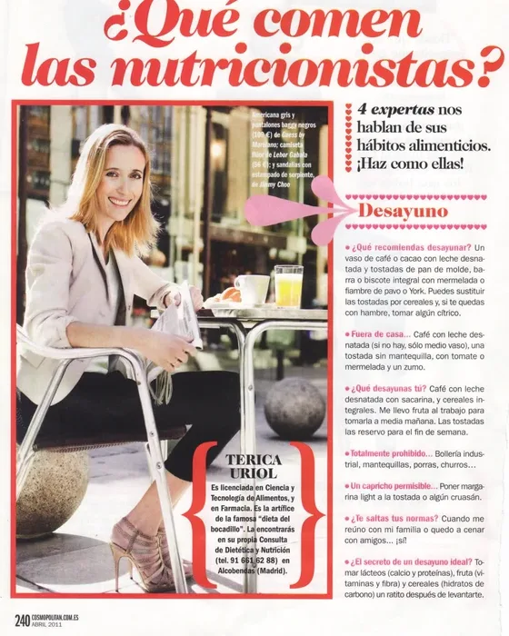 Página de la sección BodyLove de Cosmopolitan: el titular «¿Qué comen las nutricionistas?» sobre una foto de Terica Uriol desayunando en una terraza, con su ficha —licenciada en Ciencia y Tecnología de Alimentos y en Farmacia, artífice de la dieta del bocadillo— y sus respuestas sobre el desayuno.
