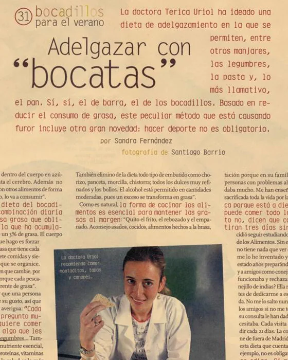 Página del Magazine de EL MUNDO: el titular «Adelgazar con bocatas» sobre el reclamo «31 bocadillos para el verano», y una foto de Terica Uriol con bata blanca junto a una mesa de montaditos.